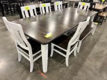 MAPLE DINING TABLE W 6 CHAIRS, 1 BENCH 4 LEAVES, 44X60 IN