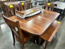 RUSTIC CHERRY DINING TABLE W 4 SIDE CHAIRS, 1 BENCH, 2 LEAVES 42X66 IN
