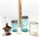 Four Items, Two Blue BALL Canning Jars.