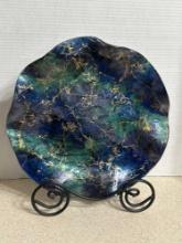 Epoxy Dark Blue, Teal, Gold Plate With Stand
