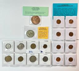 LOT OF SILVER MEXICO DOLLAR, COPPER MEDALLION, FOREIGN COINS AND COMMEMORATIVE MEDALLIONS