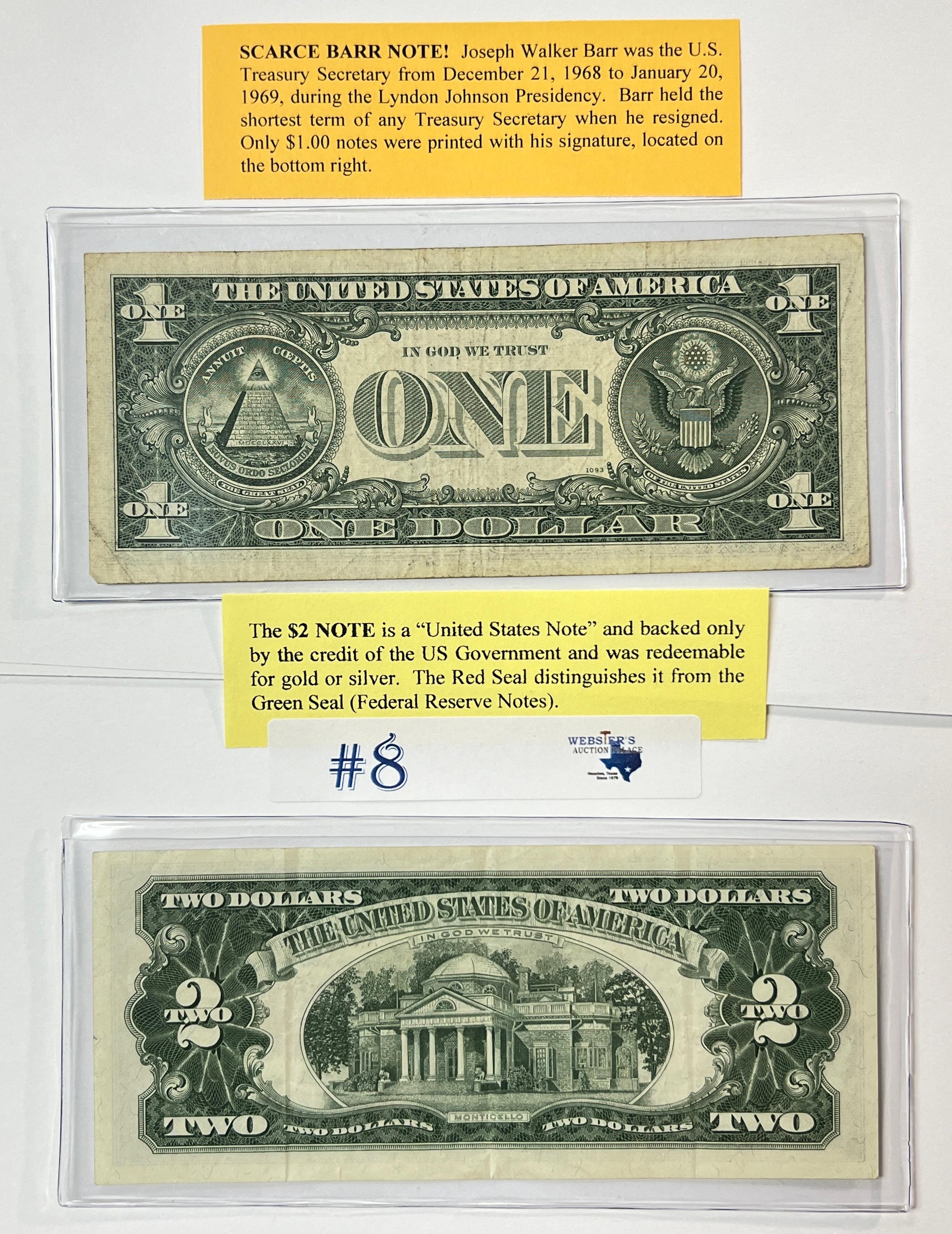 2PC U.S. FEDERAL RESERVE NOTES $1 BARR AND $2 NOTES