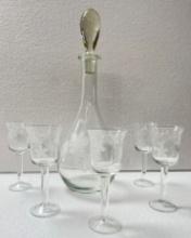 ETCHED WINE DECANTER WITH 5 ETCHED WINE GLASSES