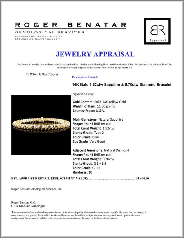 14K Gold 1.52ctw Sapphire & 0.70ctw Diamond Bracel