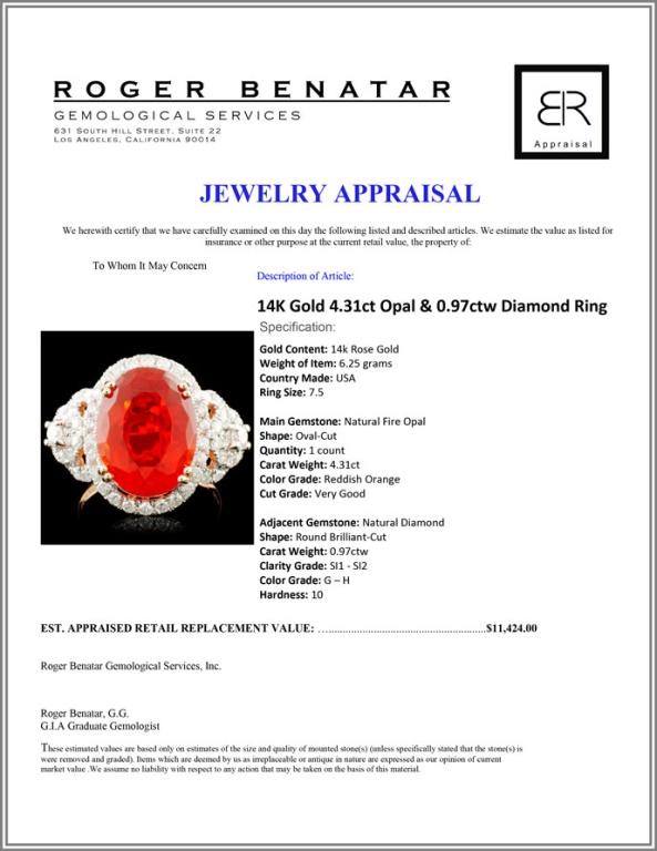 14K Gold 4.31ct Opal & 0.97ctw Diamond Ring