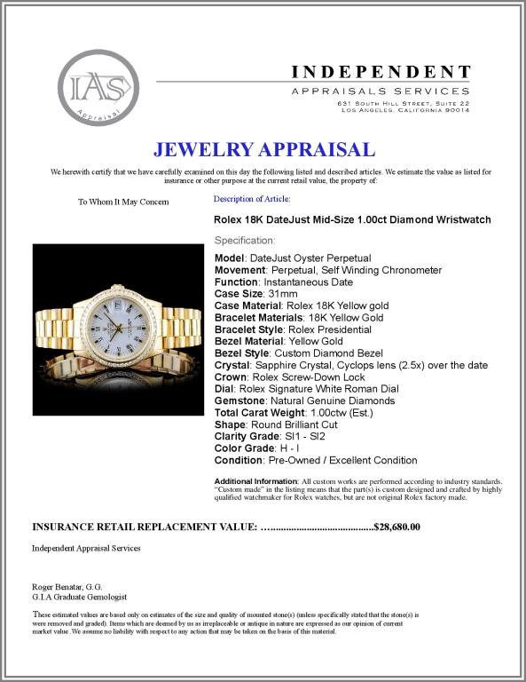 Rolex 18K DateJust Mid-Size 1.00ct Diamond Wristwa