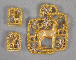 Peter Lindeman(1930 American Born In Germany) 1972 Limited Edition Christmas 18k Gold Pin & Earrings
