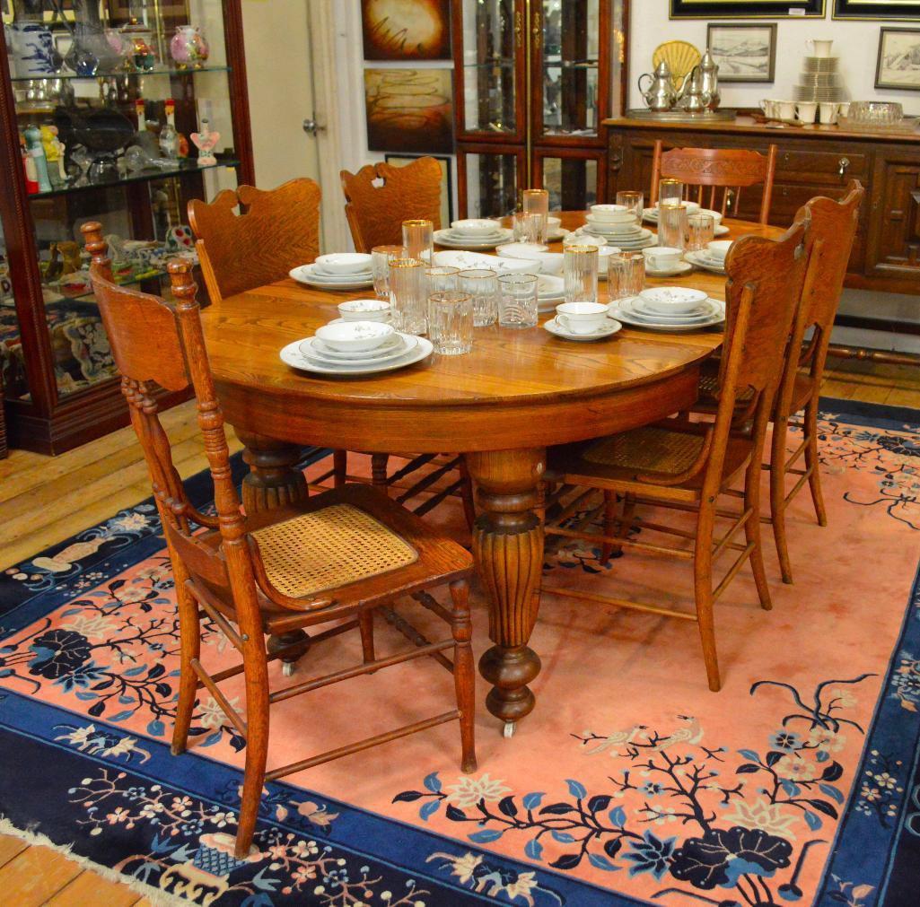 1890's Oregon Furniture Co. 44" Solid Oak Round Dinning Table W/(6) Caned Seat Oak Chairs