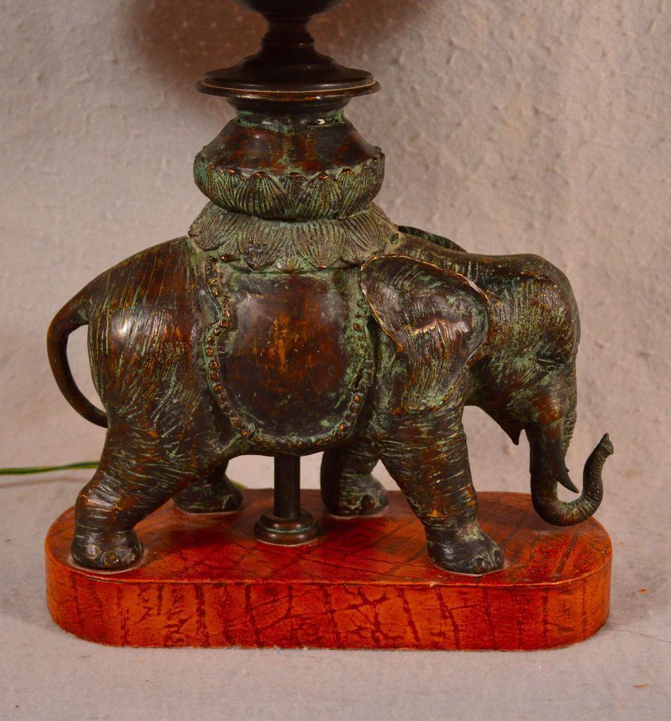 23" Maitland-smith Bronze Elephant Table Lamp W/ Leather Shade & Base