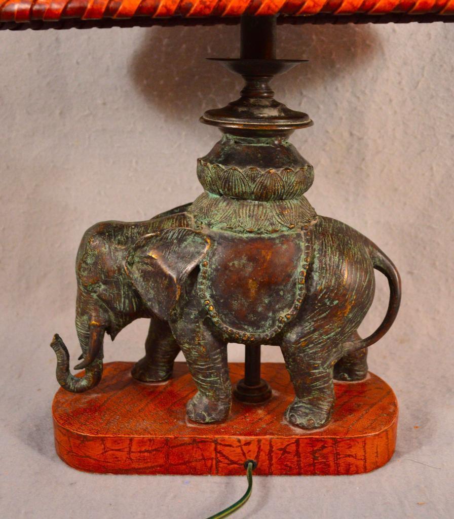 23" Maitland-smith Bronze Elephant Table Lamp W/ Leather Shade & Base