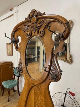 Solid Oak Antique Halltree beveled mirror & cast iron coat/ hat hooks