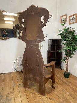 Solid Oak Antique Halltree beveled mirror & cast iron coat/ hat hooks