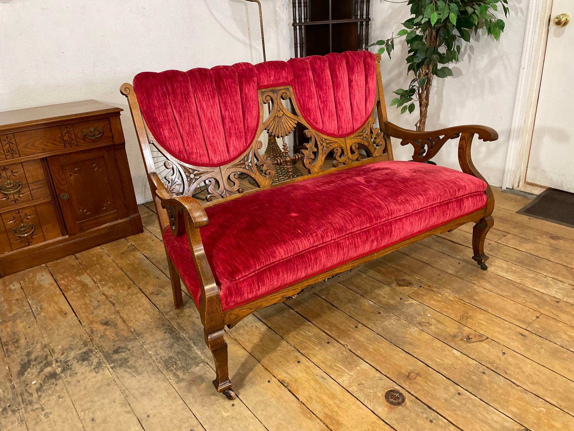 1901 Vintage Oak and Red Velvet Parlor set with chair and two settees.