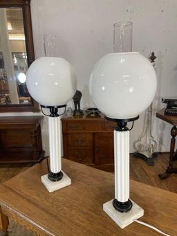 Pair Of Milk Glass Table Lamps w/ Globe Shades