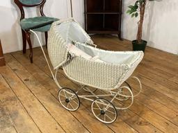 Vintage white wicker baby/ doll carriage w/ blanket & pillow