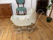 Vintage white wicker baby/ doll carriage w/ blanket & pillow