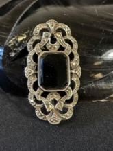 Sterling Silver Onyx and Marcasite Pin