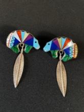 Zuni Inlay Turquoise Bear Earrings with Feathers