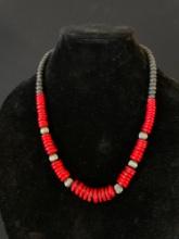 Coral Sterling and black bead necklace with Sterling accents