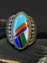 Large Mens Sterling Silver with Turquoise inlay Ring