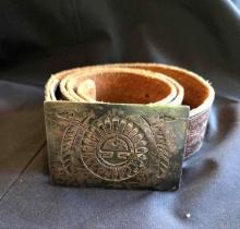 leather belt and sterling Yazzi (native design) buckle, size 32