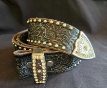 Black leather "bling" belt, tip and keeper,