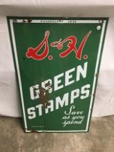 20  x 33 in. Vintage (2 sided) Porcelain Green Stamps Sign
