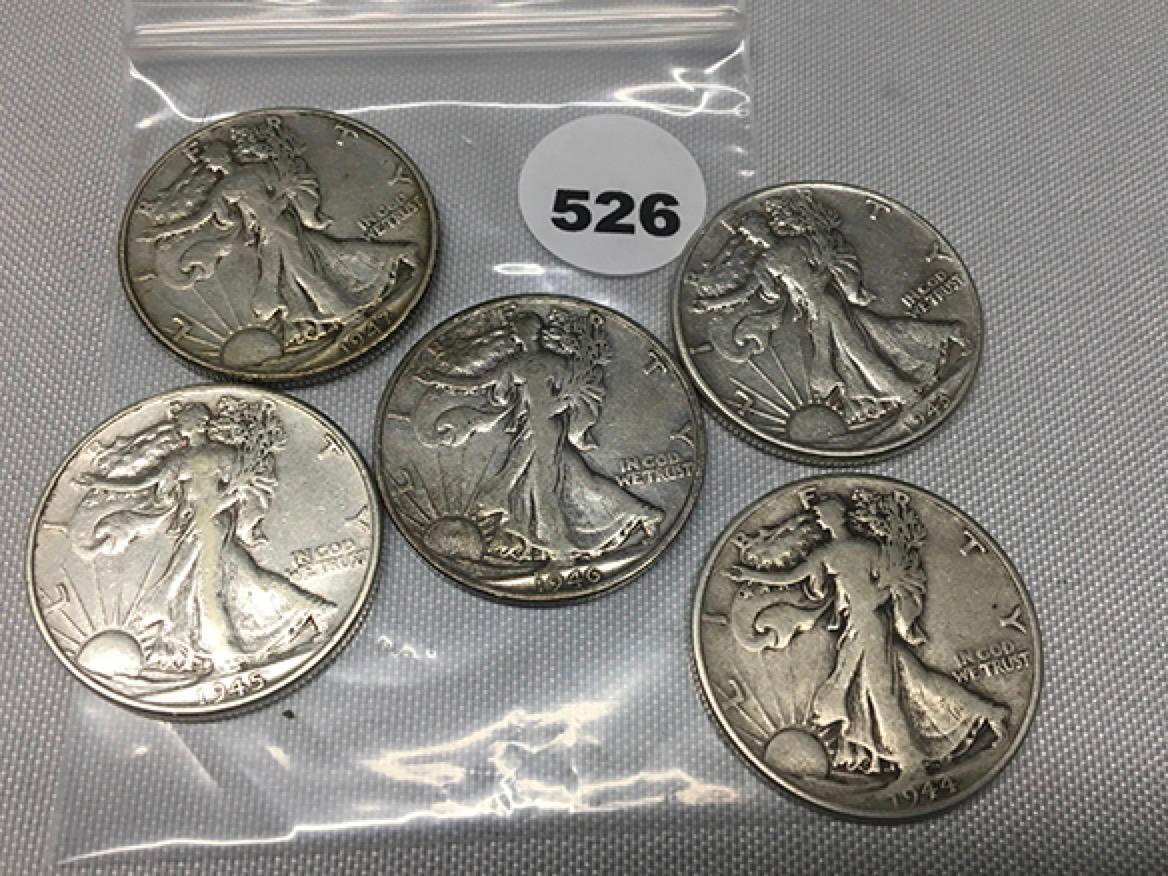 1943, 44, 45, 46-S, 47 Walking Liberty Half Dollars