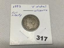 1883 'V' Nickel with CENTS Full Liberty