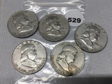 1951, 52-D, 54, 60-D, 63-D Franklin Half Dollars