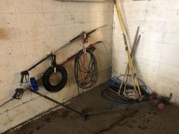 Lot of Asst. Wash Bay Equipment Including Brushes, Spray Wands, Mop, etc.