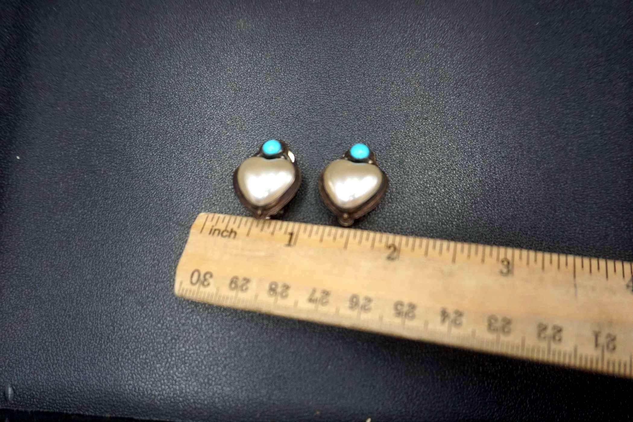 Sterling Silver Turquoise & Pearl Like Stone Clip On Earrings