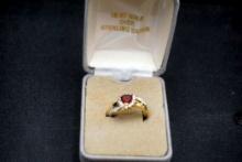 Sterling Silver Gold-Toned Ring W/ Red & White Stones