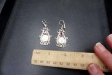 Sterling Silver Silver-Toned W/ White & Red Stone Earrings
