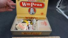 Wm Penn Cigar Box W/ Buttons, Envelope Opener, Spoon & Emery Sd Measuring Cup