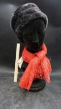 Red Lace Remnant Scarf, Styrofoam Head & Fur Hat