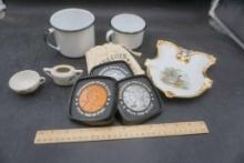 Coin Bag, Mallard Duck Plate, Mugs, Henderson State Bank Coasters