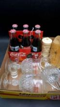 Coca-Cola Glass Bottles W/ Caddy, Stemmed Glassware, Shot Glasses, Electric Wall Clock, Clip & Conta
