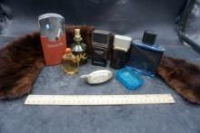Assorted Colognes, Soap Dishes & Fur Collar