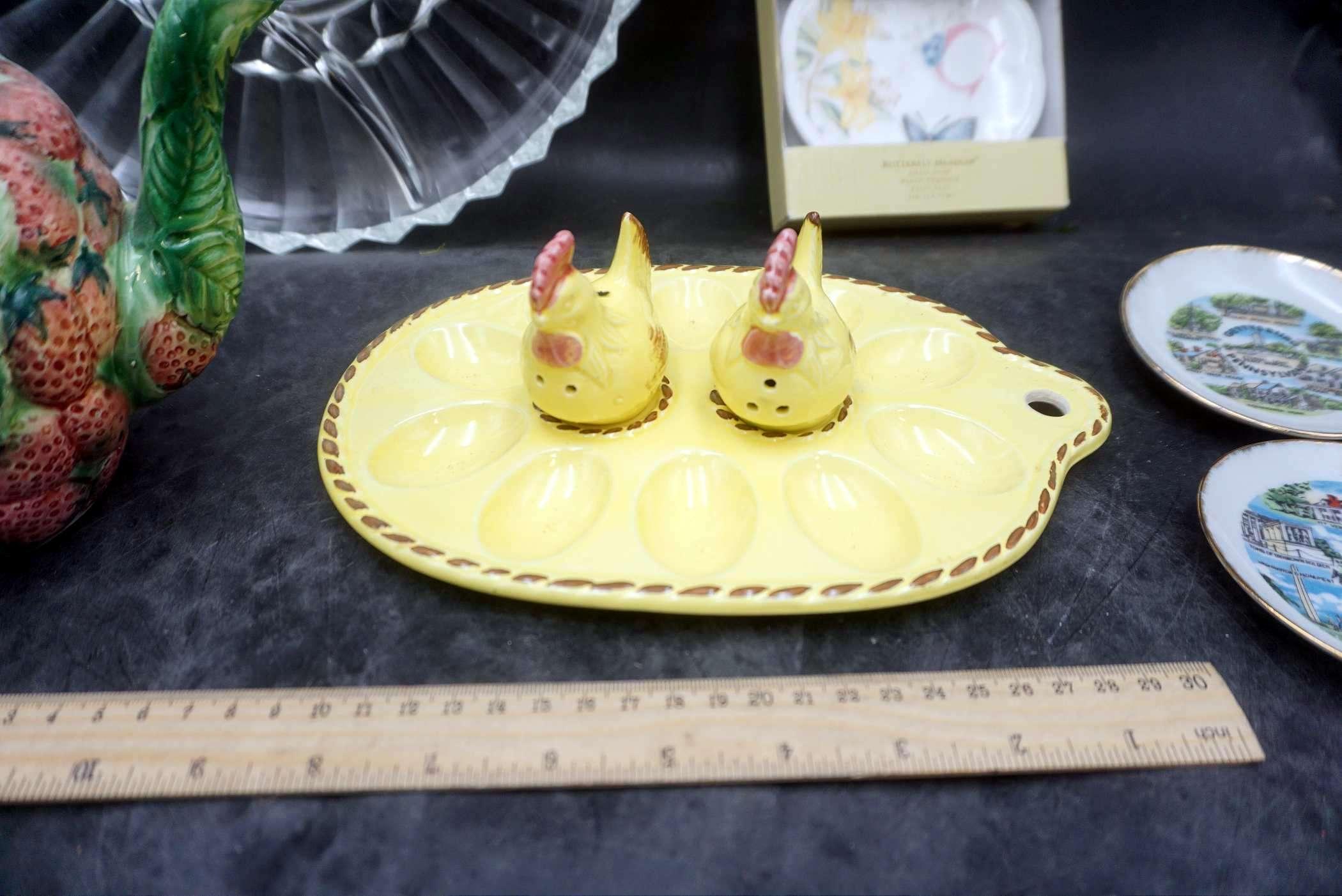 Strawberry Teapot, Serving Tray, Hen Deviled Egg Plate, Decorative Cups & Saucers