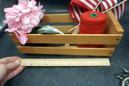 Wooden Crate W/ Red String, Small Flags, Faux Flowers, Metal Bike &  Clover Planter