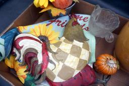 Chicken Statue, Pumpkin Figurines, Sugar Bowl, Flag, Sunflower In Planter & Large Stoneware Vase