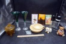 Fluted Glasses, Candy Dish, Cow Planter, Bear Figurine, Shakers & Books