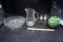 Glass Bowl, Glass Pitcher, Santa Ornaments & M&M Cookie Jar