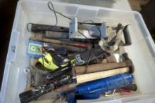 Plastic Tub W/ Hammers, Caulk Gun, Tools