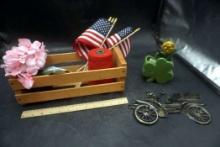 Wooden Crate W/ Red String, Small Flags, Faux Flowers, Metal Bike &  Clover Planter