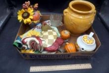 Chicken Statue, Pumpkin Figurines, Sugar Bowl, Flag, Sunflower In Planter & Large Stoneware Vase