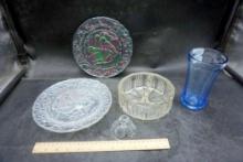 Bird Plates (One Is Imperial), Glass Divided Bowl, Glass Cover & Blue Glass Vase