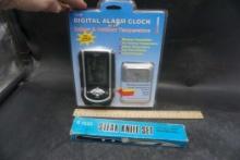 Digital Alarm Clock W/ Indoor/Outdoor Temperature & 6 Pc. Steak Knife Set