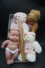 Baby Doll & 3 Stuffed Bears (2 Are Fisher-Price)